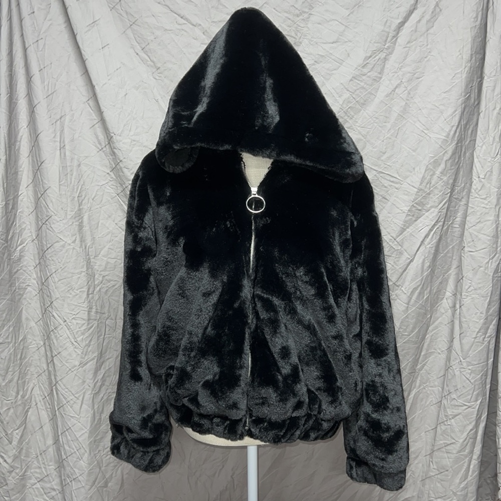 Sweet Rain Long Sleeve Zip Up Fuzzy Sherpa Jacket Hoodie Black Womens Size L